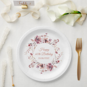 Plato De Papel Floral rosa borgoñona personalizada Cumpleaños 60