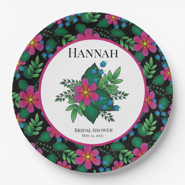 Plato De Papel Floral Rosa Caliente sobre Negro (Anverso)