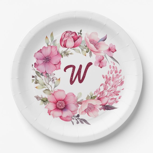 Plato De Papel Floral rosa monogramado inicial (Anverso)