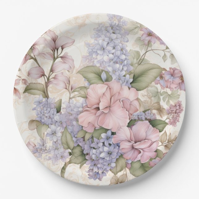 Plato de papel floral rosa morado (Anverso)