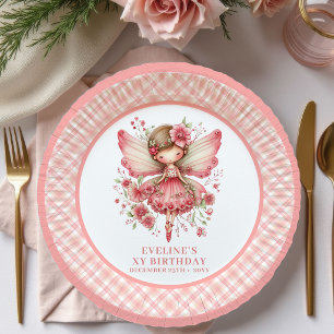 Plato de papel floral rosa pastel cumpleaños niña