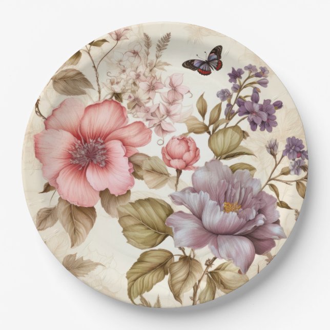 Plato de papel floral rosa púrpura vintage (Anverso)