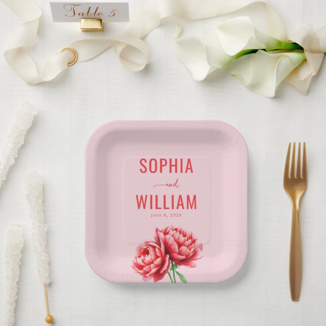Plato De Papel Floral Rosa Romántico (Boda)