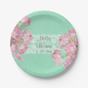 Plato De Papel Floral rosa rustica en Boda de Burlap verde en la 