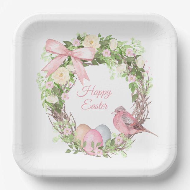 Plato De Papel Floral rosa Wreath feliz Pascua (Anverso)