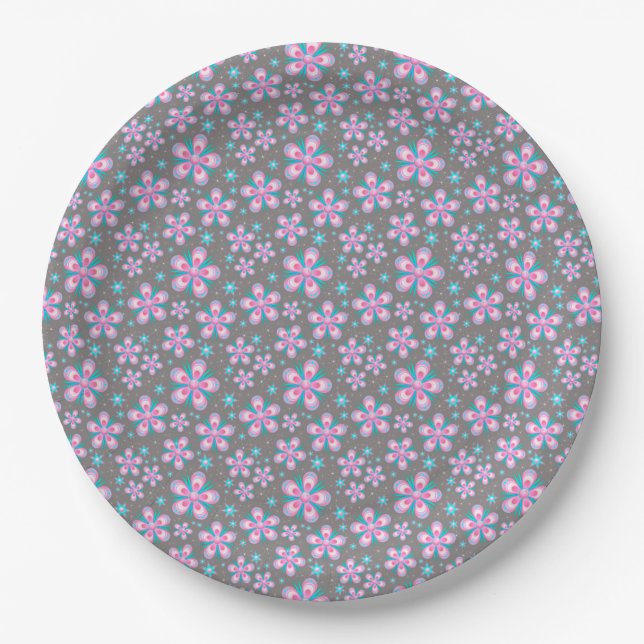 Plato De Papel Floral Rosa y Gris Bonito (Anverso)