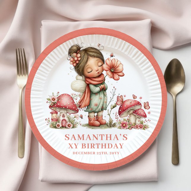 Plato de Papel Floral Rosado Cumpleaños 5 Lively F (Lively Fairy 5th Birthday Blush Floral Paper Plates)