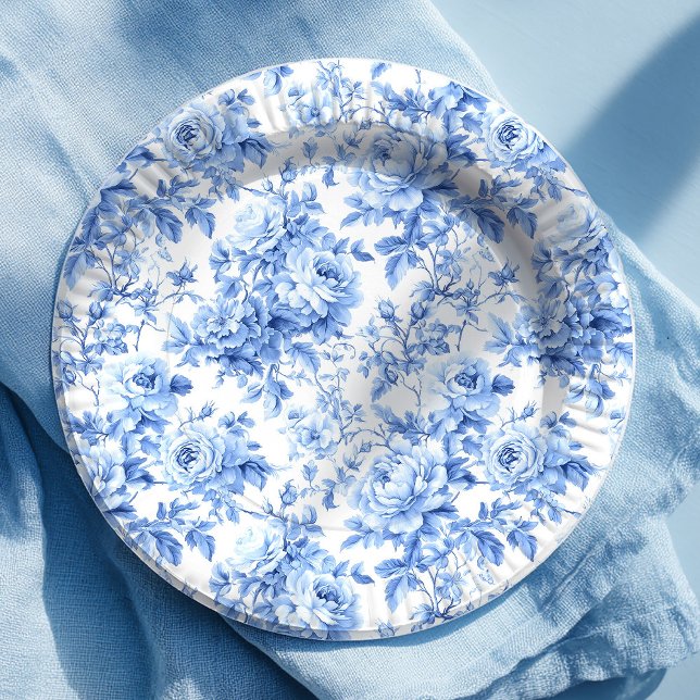 Plato de Papel Floral Rosas Toile Azul Grandmillen (Grandmillennial Blue Toile Roses Floral Paper Plates)