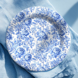 Plato de Papel Floral Rosas Toile Francesas Azul A