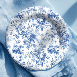 Plato de Papel Floral Rosas Toile Francesas Azul C