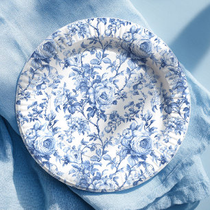 Plato de Papel Floral Rosas Toile Francesas Azules