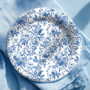 Plato de Papel Floral Rosas Toile Francesas Azules