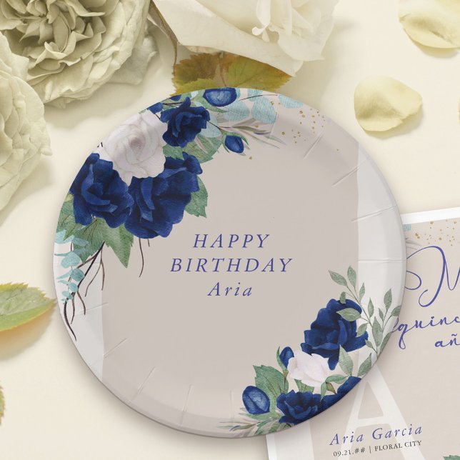Plato De Papel Floral Royal Blue y Rosas de Marfil Personalizados (Personalized Birthday Party Plates with beautiful royal blue and ivory rose blooms)