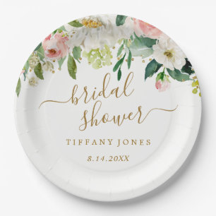 Plato De Papel Floral Rubor Gold Pink Confetti Bridal Shower