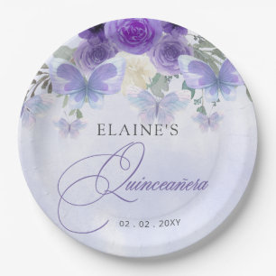 Plato De Papel Floral Rusa Purple Lilac Butterflies Quinceanera