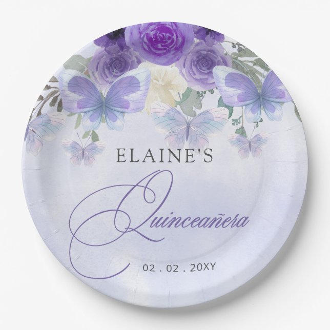 Plato De Papel Floral Rusa Purple Lilac Butterflies Quinceanera (Anverso)