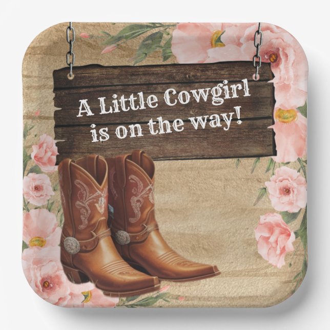 Plato De Papel Floral Rustic Cowgirl Boots Baby Shower (Anverso)