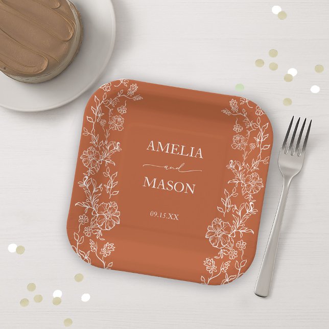 Plato De Papel  Floral Rustic Terracotta Paper Wedding  (Floral Rustic Terracotta Paper Wedding Paper Plates)