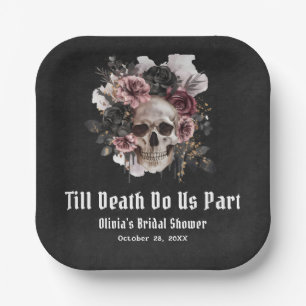 Plato De Papel Floral Skull Gótico Negro Halloween Bridal Shower