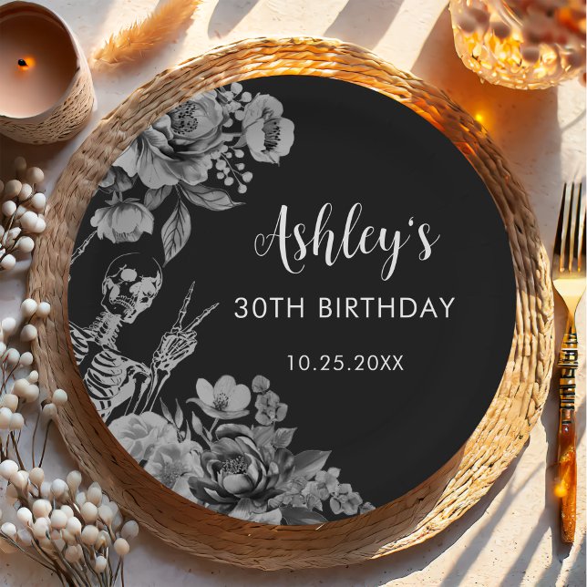 Plato De Papel Floral Skull RIP Twenties 30th Birthday Party (Subido por el creador)