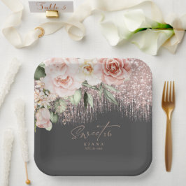 Plato De Papel Floral Sparkles Dulces Dieciséis Rosa Dorado/Blk I