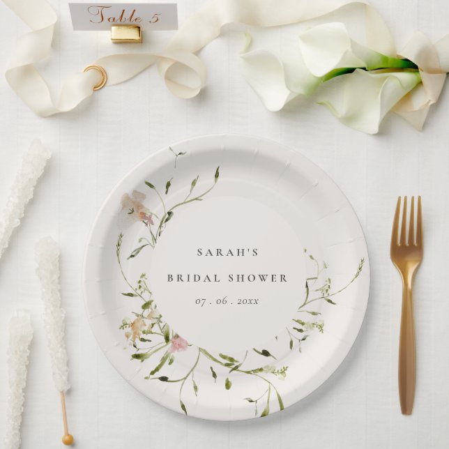 Plato De Papel Floral suave Rubor Meadow Wreath Brillante (Boda)