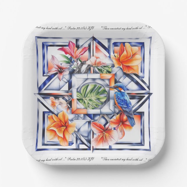 Plato De Papel Floral Tropical, Botánico con Pájaro (Anverso)
