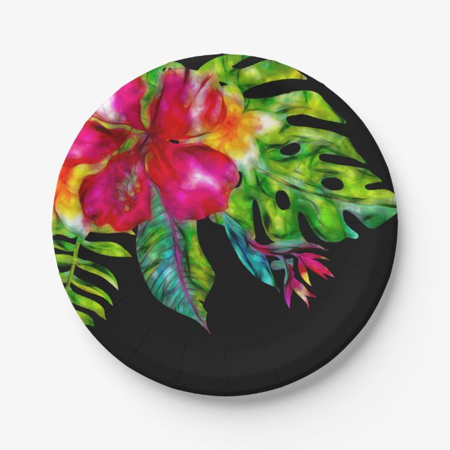 Plato De Papel Floral tropical brillante Hibiscus deja a Luau Fie (Anverso)