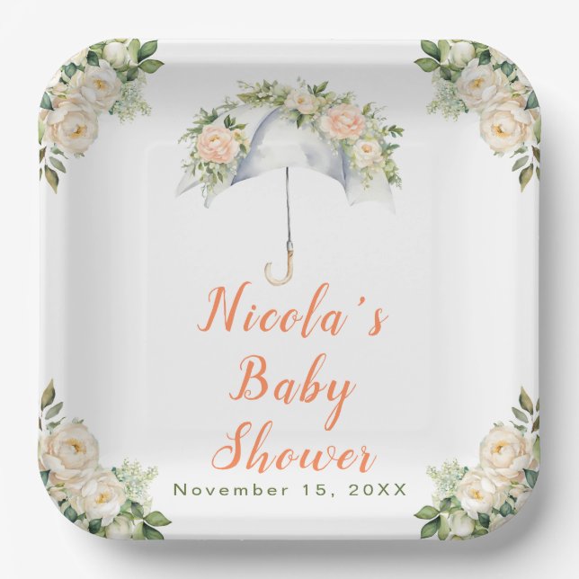 Plato De Papel Floral Umbrella Baby Shower (Anverso)