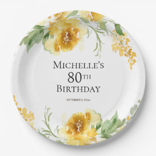 Plato De Papel Floral Verde Acuarela Amarillo Cumpleaños 80