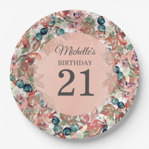 Plato De Papel Floral Verde azulada rosa 21º cumpleaños