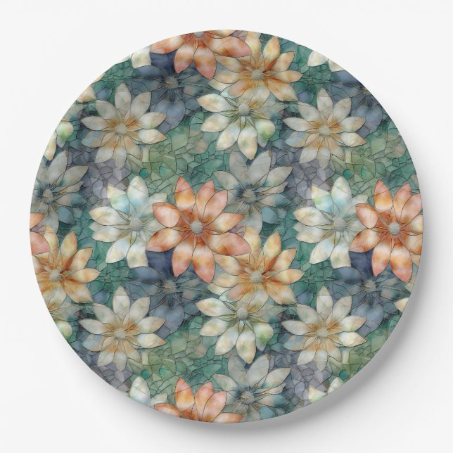 Plato De Papel Floral Verde Blanco Azul Melocotón (Anverso)