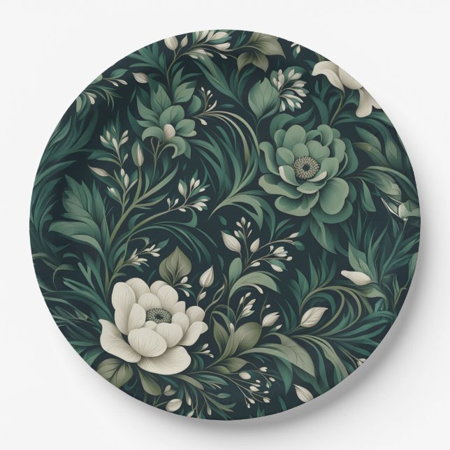 Plato De Papel Floral verde de esmeralda oscura (Anverso)