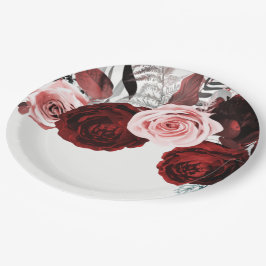 Plato De Papel Floral Verde Oscuro Rojo y Rosa Blanco Boda
