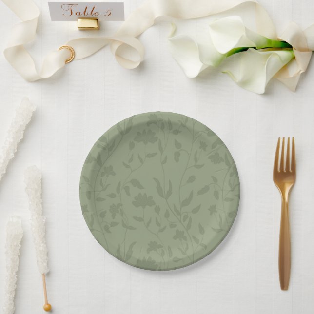 Plato De Papel Floral verde sabio (Boda)