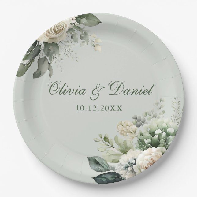 Plato de papel floral verde suave salvia (Anverso)