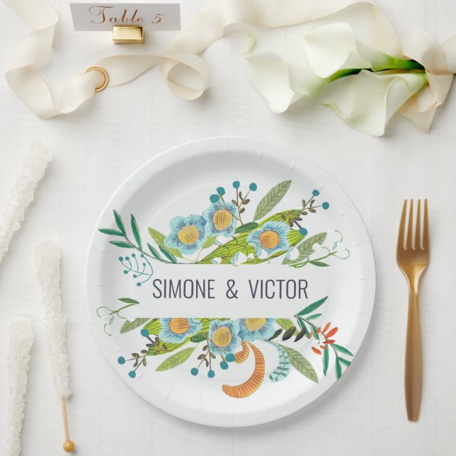 Plato De Papel Floral verde y azul bohemio (Boda)