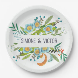 Plato De Papel Floral verde y azul bohemio