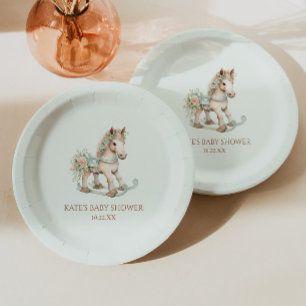Plato De Papel Floral Vintage Toy Rocking Horse Baby Shower