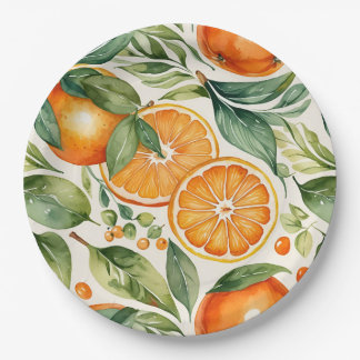 Plato De Papel Floral Watercolor Orange Citrus Botanical Pattern