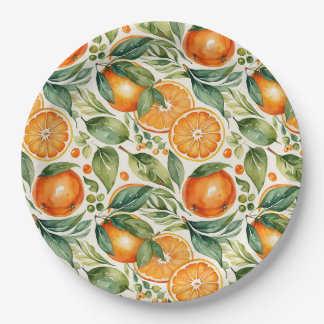 Plato De Papel Floral Watercolor Orange Citrus Botanical Pattern