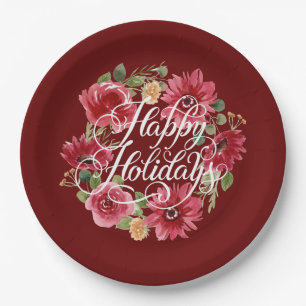 Plato De Papel Floral Wreath Happy Holidays Red