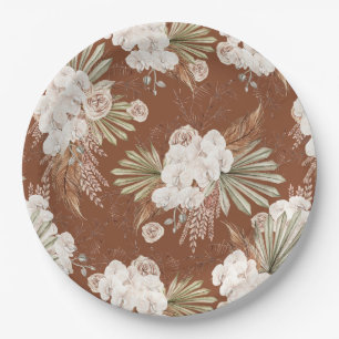 Plato De Papel Florales Bohemios y Plumas