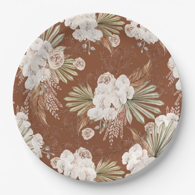 Plato De Papel Florales Bohemios y Plumas (Anverso)
