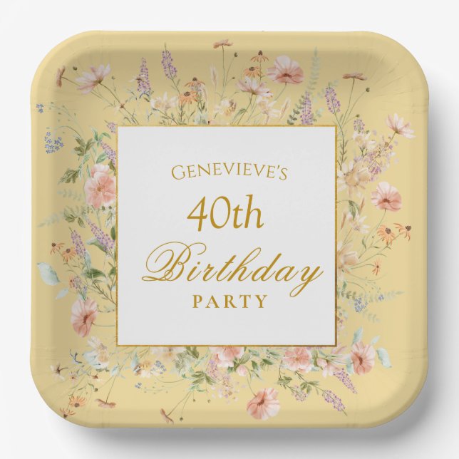 Plato De Papel Florales de Cumpleaños Elegante Prado (Anverso)