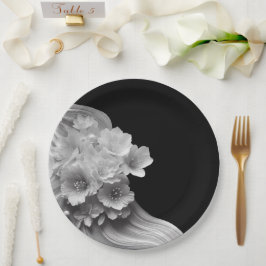 Plato De Papel Florales modernos Boda blanco y negro