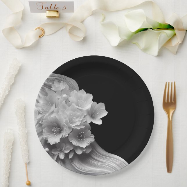 Plato De Papel Florales modernos Boda blanco y negro (Boda)