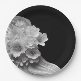Plato De Papel Florales modernos Boda blanco y negro