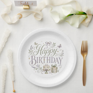 Plato De Papel Florales Verdes Morados Feliz Cumpleaños