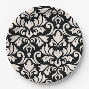 Plato De Papel Florecer arte Damask que yo crema en negro